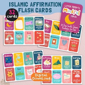 May include: A set of 32 Islamic affirmation flash cards with colorful illustrations and text. The cards are designed for kids and include themes like kindness, sharing, and gratitude. The words "Digital Download" are also visible.
