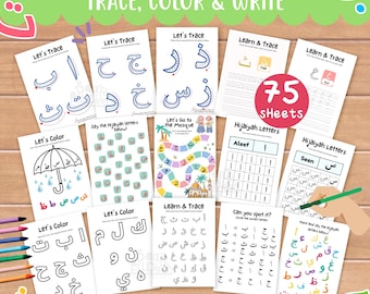 Arabic Hijaiyah Tracing, Coloring & Writing Worksheets, 75+ Pages Arabic Alphabet Kids Activity Learning Practice Printable