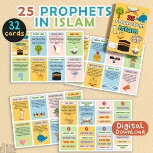 May include: A collection of flashcards labelled "25 Prophets in Islam" with vibrant illustrations and text. The cards are displayed on a light brown background, with the words "Digital Download" visible. A circular graphic displays "32 cards".