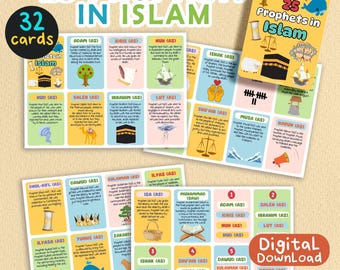 25 Prophets in Islam Flashcards Learning Printable Digital Download for Muslim Kids and Islamic Children