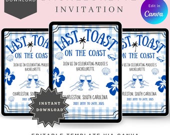 Blue Last Toast on the Coast Bachelorette Invitation: Editable Beach Bridal Shower (Digital Download)