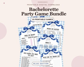 Printable Bachelorette Games Bundle | 25 Blue Bow Bridal Party Activities | Digital Download