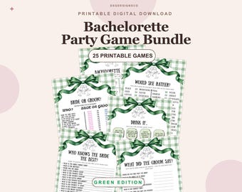 Printable Bachelorette Games Bundle | 25 Green Bow Bridal Party Activities | Digital Download