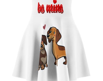 Valentine Dachshund Skater Skirt, Be Mine Dog Pattern Skirt, Wiener Dog Lover Gift, Cute Puppy Flare Skirt, Romantic Dog Mom Clothing