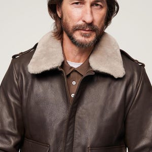 Men&#39;s Brown Leather Bomber Jacket: Real Cowhide with Fur Collar