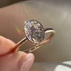 3 CT Oval Moissanite Engagement Ring: Solid Gold Bezel Solitaire