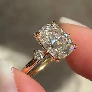 Cushion Cut Moissanite Engagement Ring: Antique Tulip 14K Gold Three Stone