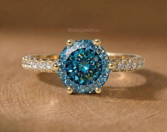 Anillo de moissanita azul cian talla portuguesa, anillo llamativo de oro para mujer, diseño elegante y único, 10K, 14K, 18K, anillo de propuesta.