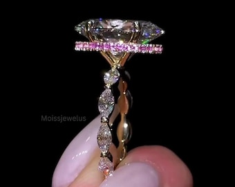 3CT Oval Cut Moissanite Diamond Pink Hidden Halo Engagement 14K Gold Wedding Ring For Women Her Statement Anniversary Valentines Day Gift