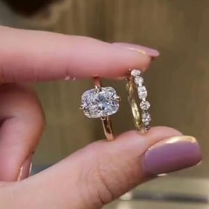 3CT Elongated Cushion Cut Moissanite Engagement Ring Set With 14k Solid Gold Half Eternity Matching Band Set, Cushion Cut Wedding Ring Set