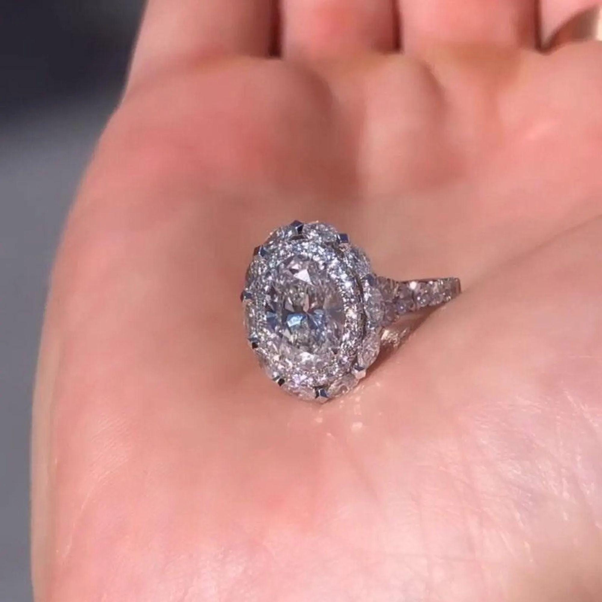 3CT Oval Double Halo Moissanite Engagement Ring, Oval Cut Moissanite ...