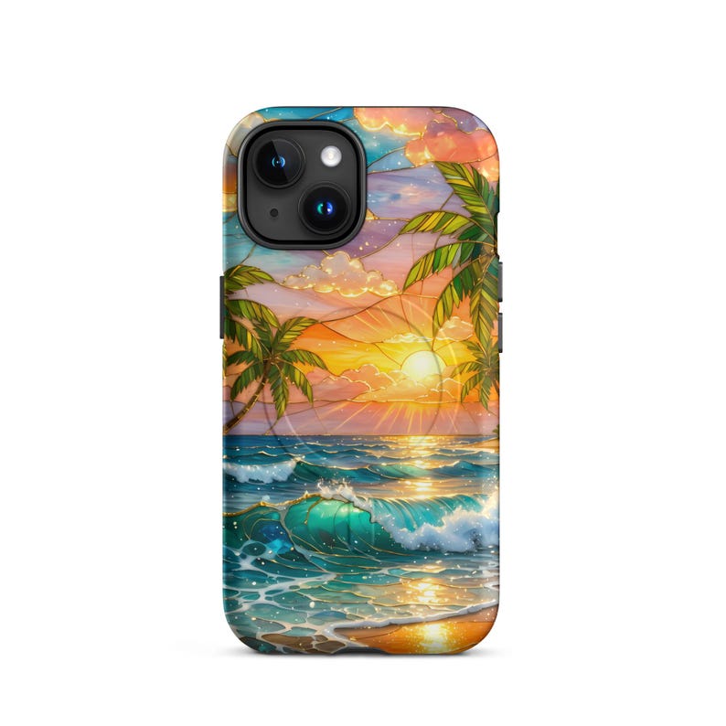 Stained Glass Beach Phone Case - Summer Sunset, Palm Trees, Ocean (MagSafe® tough cover iPhone®)
