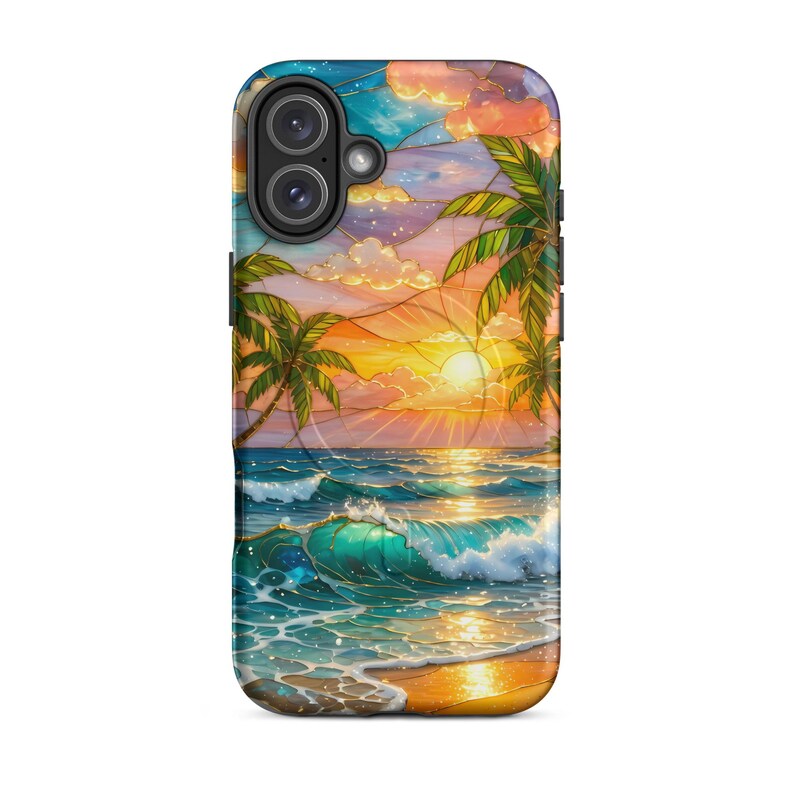 Stained Glass Beach Phone Case - Summer Sunset, Palm Trees, Ocean (MagSafe® tough cover iPhone®)