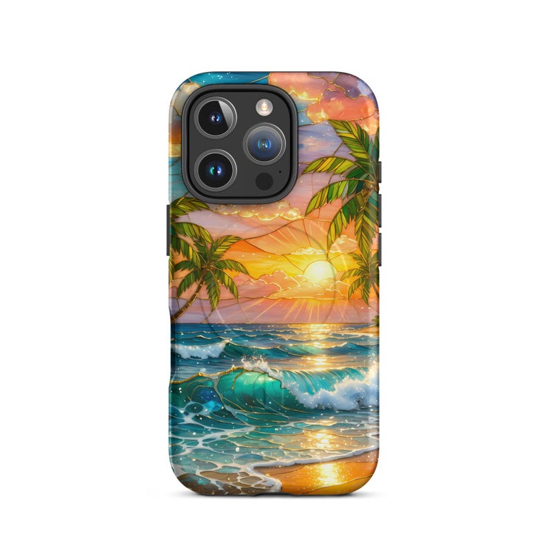 Stained Glass Beach Phone Case - Summer Sunset, Palm Trees, Ocean (MagSafe® tough cover iPhone®)