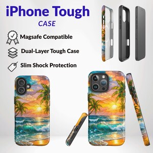 May include: iPhone Tough CASE with MagSafe compatible, dual-layer construction, and slim shock protection. The design features a vibrant sunset over an ocean with palm trees, waves, and a sandy beach, displayed from multiple angles and views.