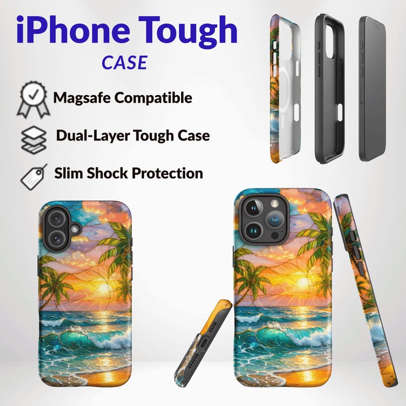 May include: iPhone Tough CASE with MagSafe compatible, dual-layer construction, and slim shock protection. The design features a vibrant sunset over an ocean with palm trees, waves, and a sandy beach, displayed from multiple angles and views.