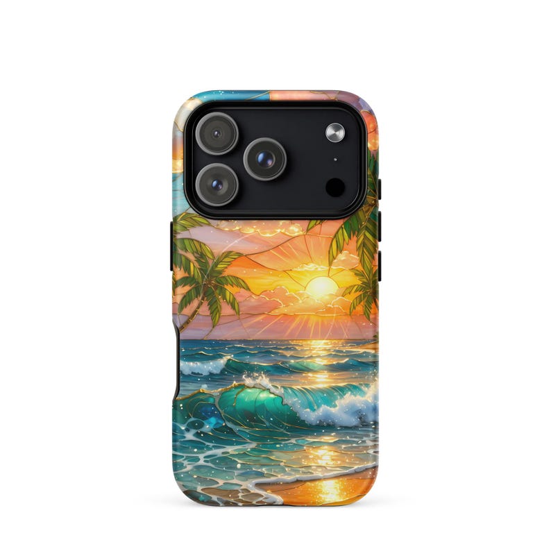Stained Glass Beach Phone Case - Summer Sunset, Palm Trees, Ocean (MagSafe® tough cover iPhone®)