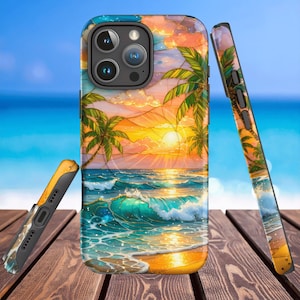 May include: A smartphone case featuring a vibrant sunset beach scene with palm trees, turquoise ocean waves, and golden sand. The design includes a stained-glass style grid pattern overlaying the tropical landscape, with cutouts for the camera lens.