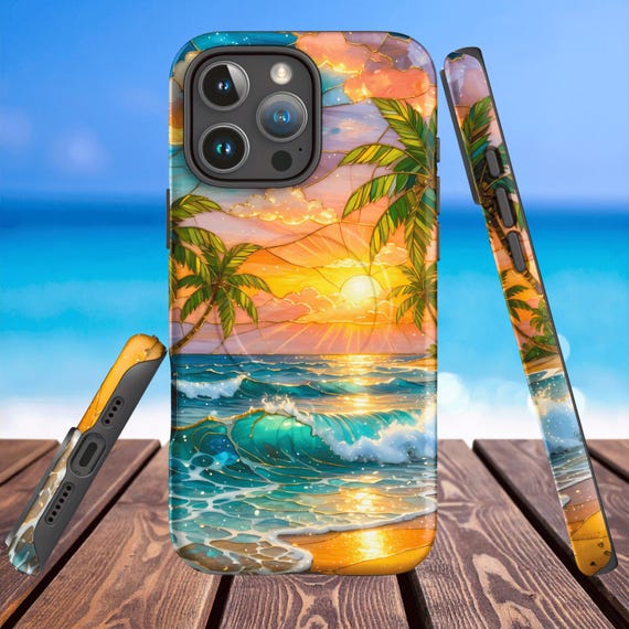 Stained Glass Beach Phone Case - Summer Sunset, Palm Trees, Ocean (MagSafe tough cover iPhone)