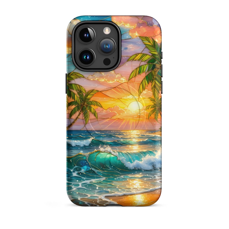 Stained Glass Beach Phone Case - Summer Sunset, Palm Trees, Ocean (MagSafe® tough cover iPhone®)