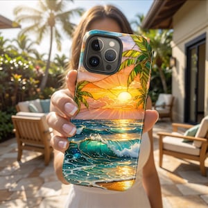May include: A smartphone case featuring a vibrant stained-glass style illustration of a tropical sunset over the ocean. The design includes palm tree silhouettes, a bright yellow sun, pink clouds, and turquoise waves crashing on a sandy beach.
