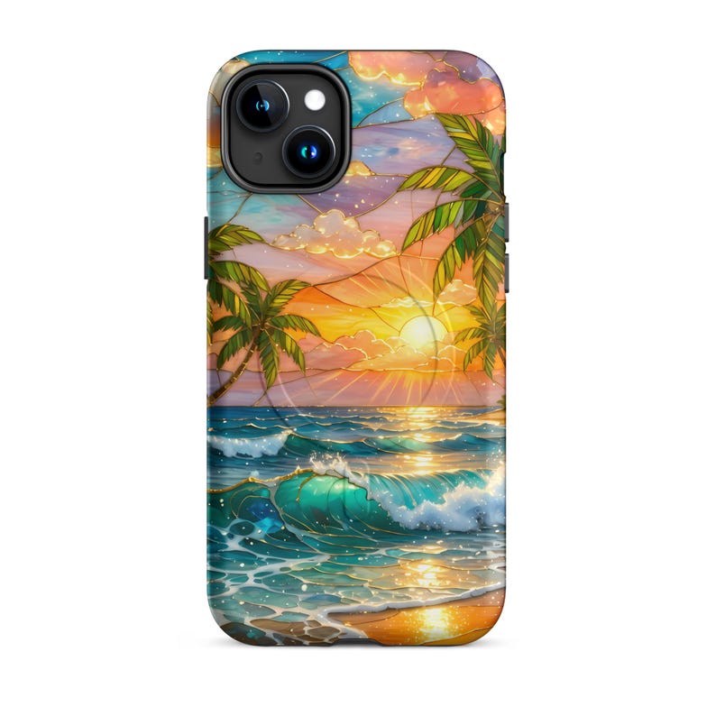 Stained Glass Beach Phone Case - Summer Sunset, Palm Trees, Ocean (MagSafe® tough cover iPhone®)