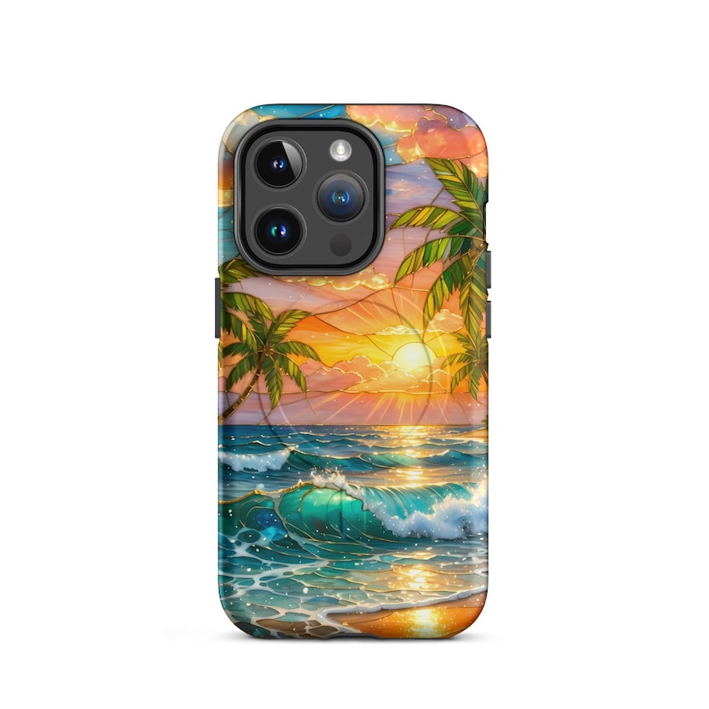 Stained Glass Beach Phone Case - Summer Sunset, Palm Trees, Ocean (MagSafe® tough cover iPhone®)