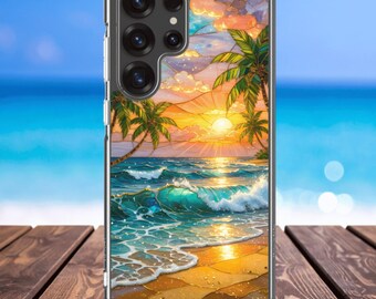 Stained Glass Beachy Phone Case - Sunset, Palm Trees, and Ocean (Clear Case for Samsung®)