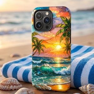 May include: A smartphone case featuring a vibrant stained-glass style illustration of a tropical beach at sunset. The design includes palm trees, a bright sun, and ocean waves in shades of orange, pink, yellow, and turquoise blue.
