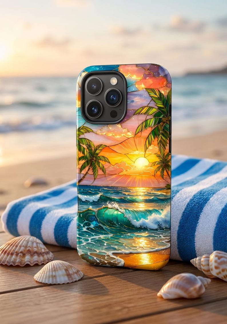 May include: A smartphone case featuring a vibrant stained-glass style illustration of a tropical beach at sunset. The design includes palm trees, a bright sun, and ocean waves in shades of orange, pink, yellow, and turquoise blue.