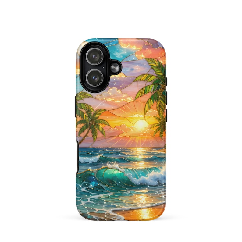 Stained Glass Beach Phone Case - Summer Sunset, Palm Trees, Ocean (MagSafe® tough cover iPhone®)