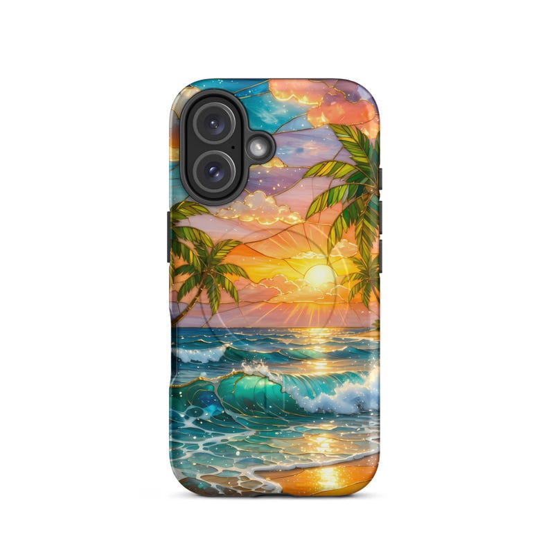 Stained Glass Beach Phone Case - Summer Sunset, Palm Trees, Ocean (MagSafe® tough cover iPhone®)