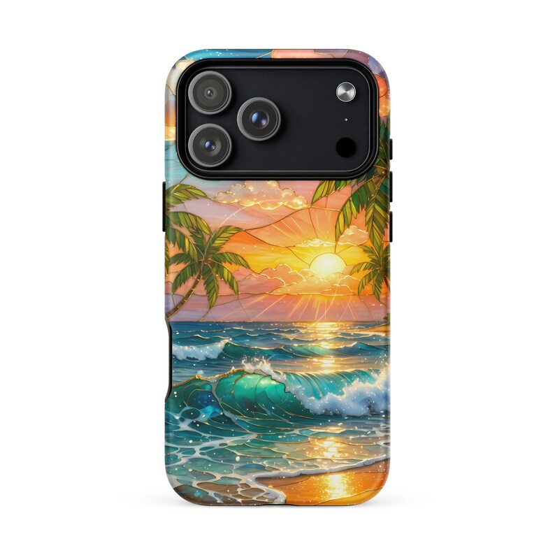 Stained Glass Beach Phone Case - Summer Sunset, Palm Trees, Ocean (MagSafe® tough cover iPhone®)