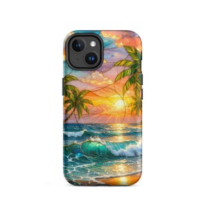 Stained Glass Beach Phone Case - Summer Sunset, Palm Trees, Ocean (MagSafe® tough cover iPhone®)
