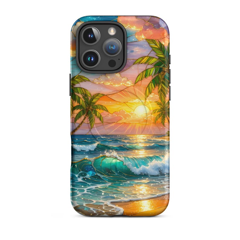 Stained Glass Beach Phone Case - Summer Sunset, Palm Trees, Ocean (MagSafe® tough cover iPhone®)
