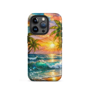 Stained Glass Beach Phone Case - Summer Sunset, Palm Trees, Ocean (MagSafe® tough cover iPhone®)