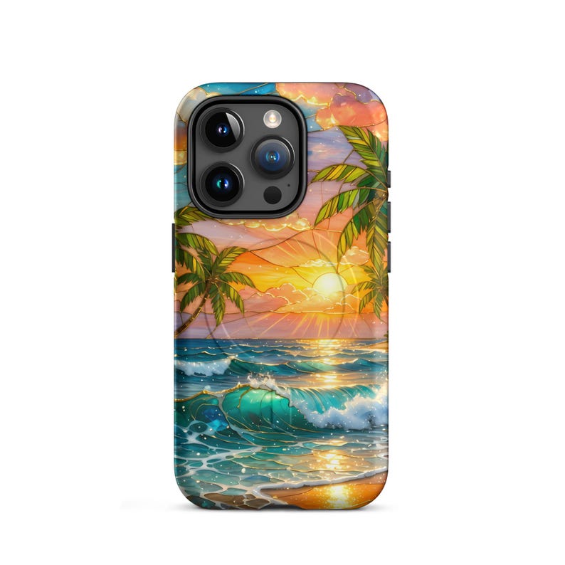 Stained Glass Beach Phone Case - Summer Sunset, Palm Trees, Ocean (MagSafe® tough cover iPhone®)