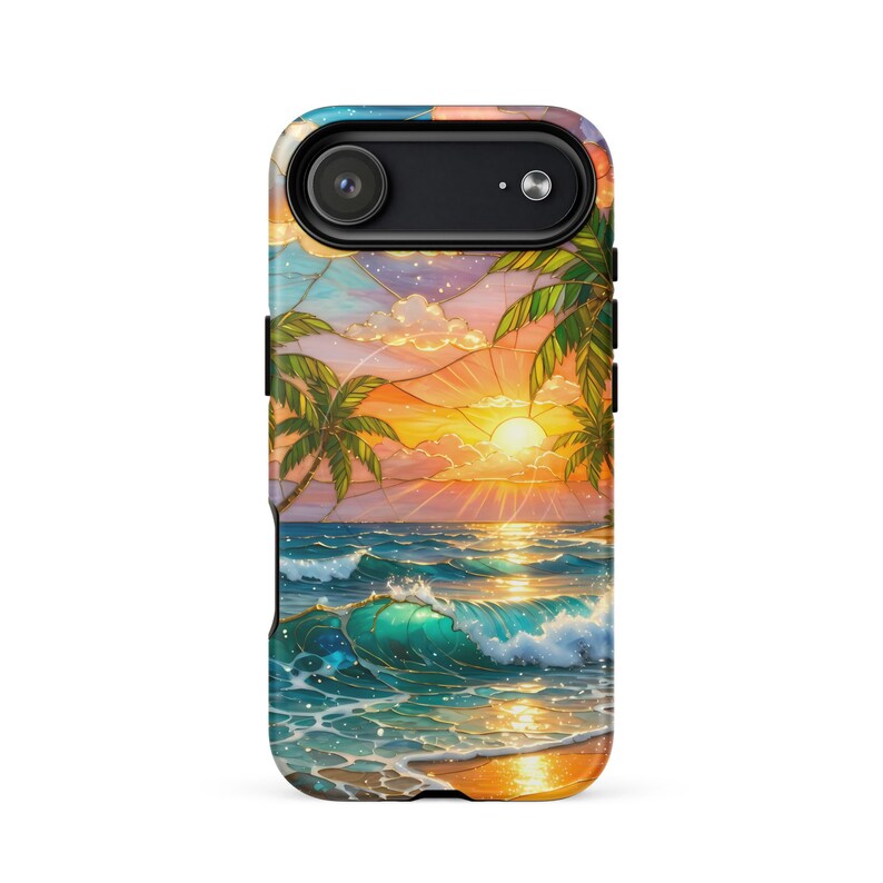 Stained Glass Beach Phone Case - Summer Sunset, Palm Trees, Ocean (MagSafe® tough cover iPhone®)