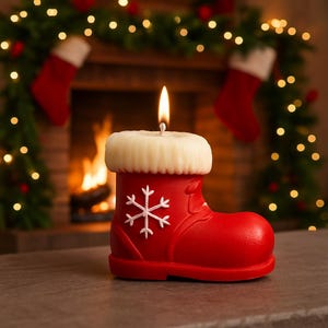 May include: A red Christmas boot-shaped candle with a white snowflake design and a cream-colored cuff. The candle is lit, with a flame at the top. The background features a fireplace, garland, and Christmas stockings.