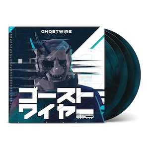 Könnte beinhalten: Ein Vinyl-Schallplattenalbum mit futuristischem Design. Das Albumcover zeigt ein Robotergesicht mit Hörnern und das Wort "GHOSTWIRE" über japanischen Schriftzeichen. Die Schallplatte selbst ist dunkel türkis.