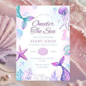 Oneder the Sea Birthday Invitation, Editable Canva 1st Birthday Invite,  Ocean Sea Theme Template, Girls Under the Sea Digital Download
