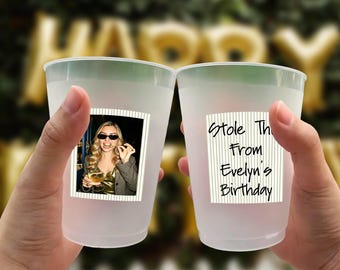 Personalized Birthday Party Cups, Stole This From Birthday Custom Photo Cups, Frosted Plastic Drinkware, Funny Adult Birthday Party Favors