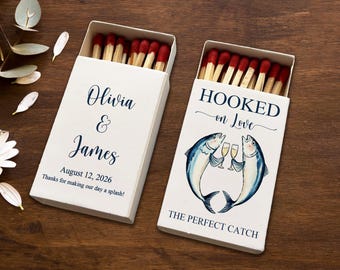 Custom Coastal Wedding Matchboxes, Hooked on Love Matchbox Favor, Personalized Wedding Matches, Fishing Theme Wedding Decor, Guest Gift