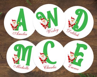 Personalized Christmas Name Tags with Santa/Custom Initial Letter Gift Stickers/Holiday Party Favor Tags/Christmas Label Stickers/Xmas Tags