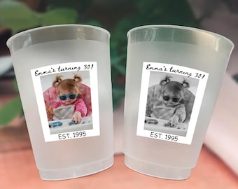 EST 1995 Personalized Frosted Party Cups, Custom Birthday Face Cups, Vintage 30th Birthday Decorations, Disposable Plastic Birthday Cups