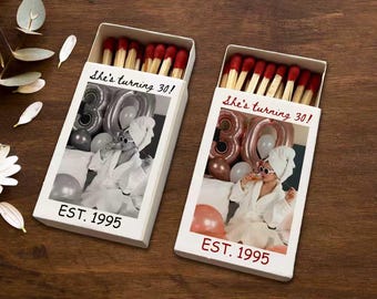 Personalized Photo Birthday Matchboxes, Custom 30th Birthday Favors, Bachelorette Matchboxes, Bulk Birthday Party Favors, Unique Guest Gifts
