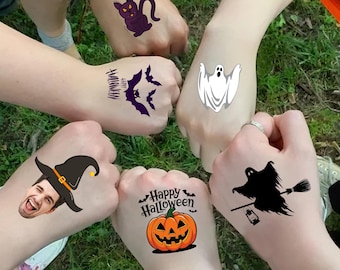 Halloween Temporary Tattoos/Cute Pumpkin Ghost Bat Cat Witch Sticker/Kids Holiday Party Favor/Trick or Treat/Spooky Fun Adult Costume Tattoo