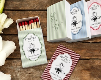 Vintage Swan Wedding Matchbox Favors, The Perfect Match Personalized Matchbooks, Elegant Green Stripe Wedding Guest Gifts, Custom Matches