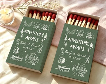 Personalized Adventure Wedding Matchboxes, Adventure Awaits Matches, Custom Camping Wedding Favors, Outdoor Reception Guest Gifts