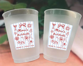 Personalized Frosted Cups, Coastal Bachelorette Cups, Custom Bride Tribe Cups, Blue Stripe Bridal Shower Decor, Coquette Bach Party Favors